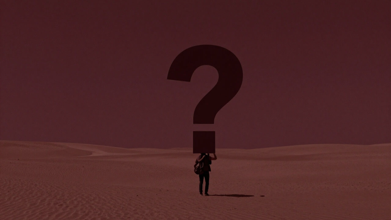 Silhouette of a traveler in the desert carrying a giant question mark, looking lost