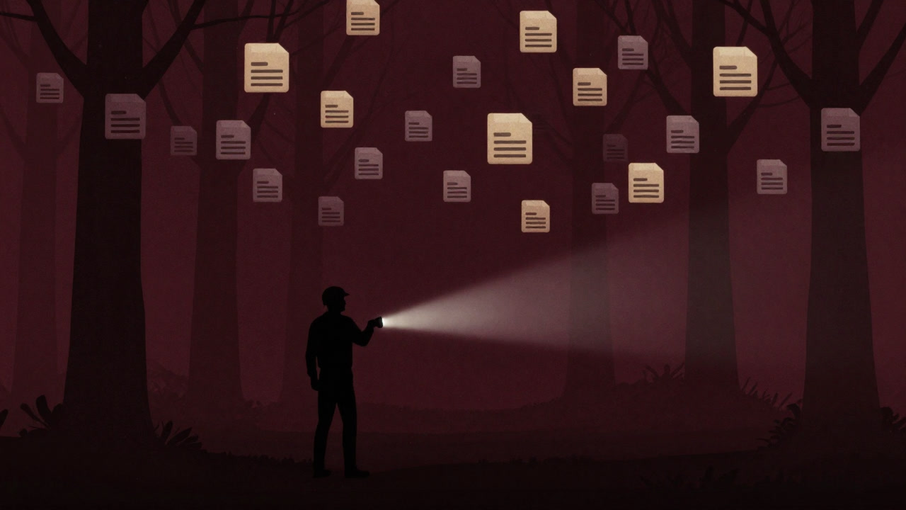 無数のファイルアイコンが宙を舞う中、一人迷子になった技術者のシルエットが探索する様子