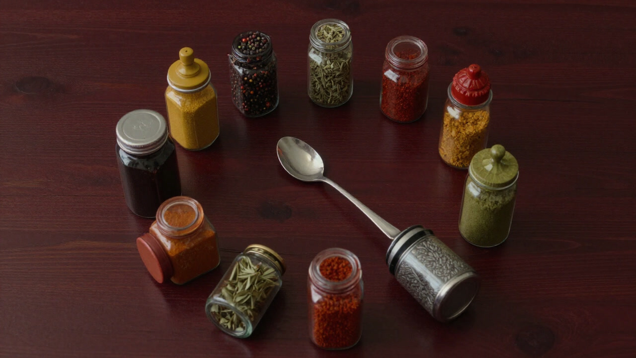Photo of colorful seasonings scattered across a table, with a tasting spoon gleaming defiantly at the center