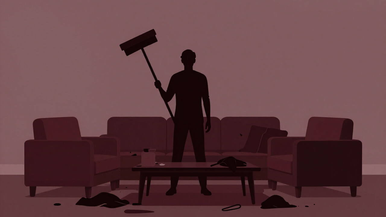 埃まみれの室内で、掃除を前に呆然と立ち尽くす人のシルエット