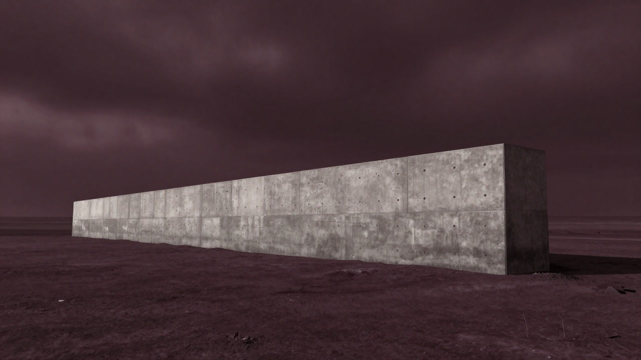 Image of a towering seawall standing alone on a desolate coastline
