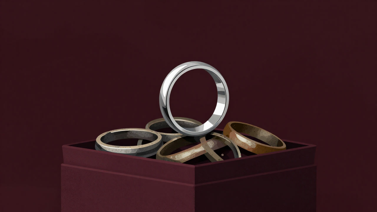 過去の指輪を集めた箱の上に新しい指輪が置かれ、重なる期待と不安が視覚化されたイラスト