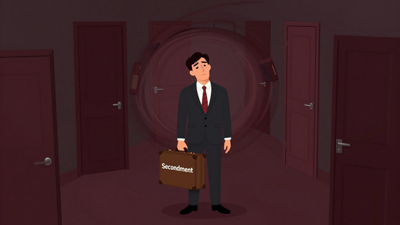 Illustration of an office worker in a suit holding a suitcase labeled 'secondment' being pushed toward a swirling vortex of different corporate offices