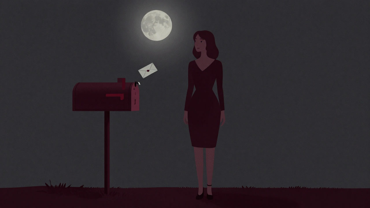 郵便受けからひらひらと舞い降りる一通の手紙を見つめる女性のうしろ姿