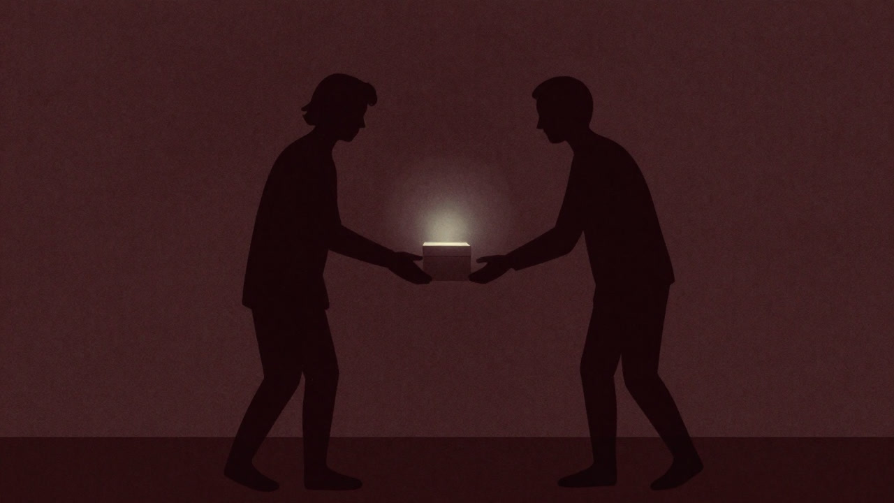Silhouettes overlapping as they exchange a small box representing secrets
