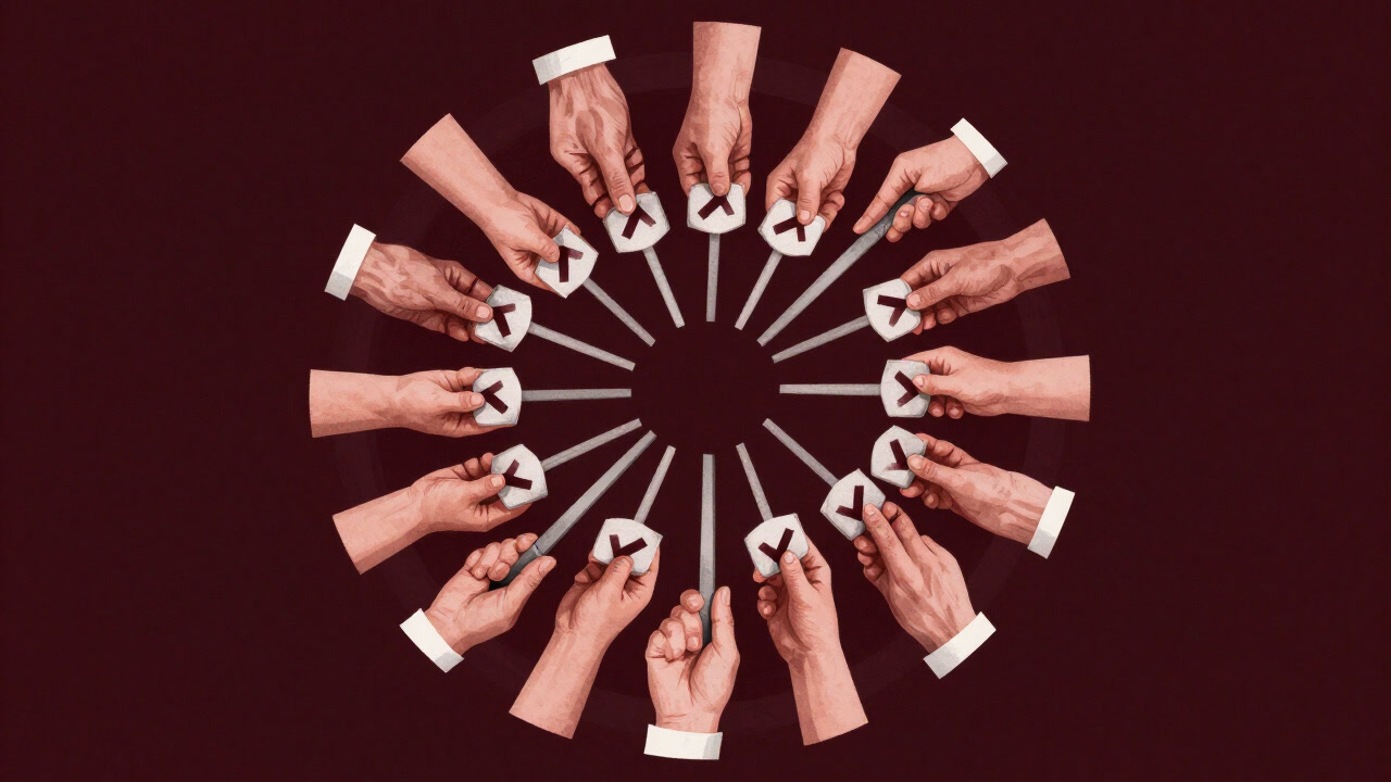 Image depicting countless hands raising vetting checkmarks within an endless circle of dividing doctrines
