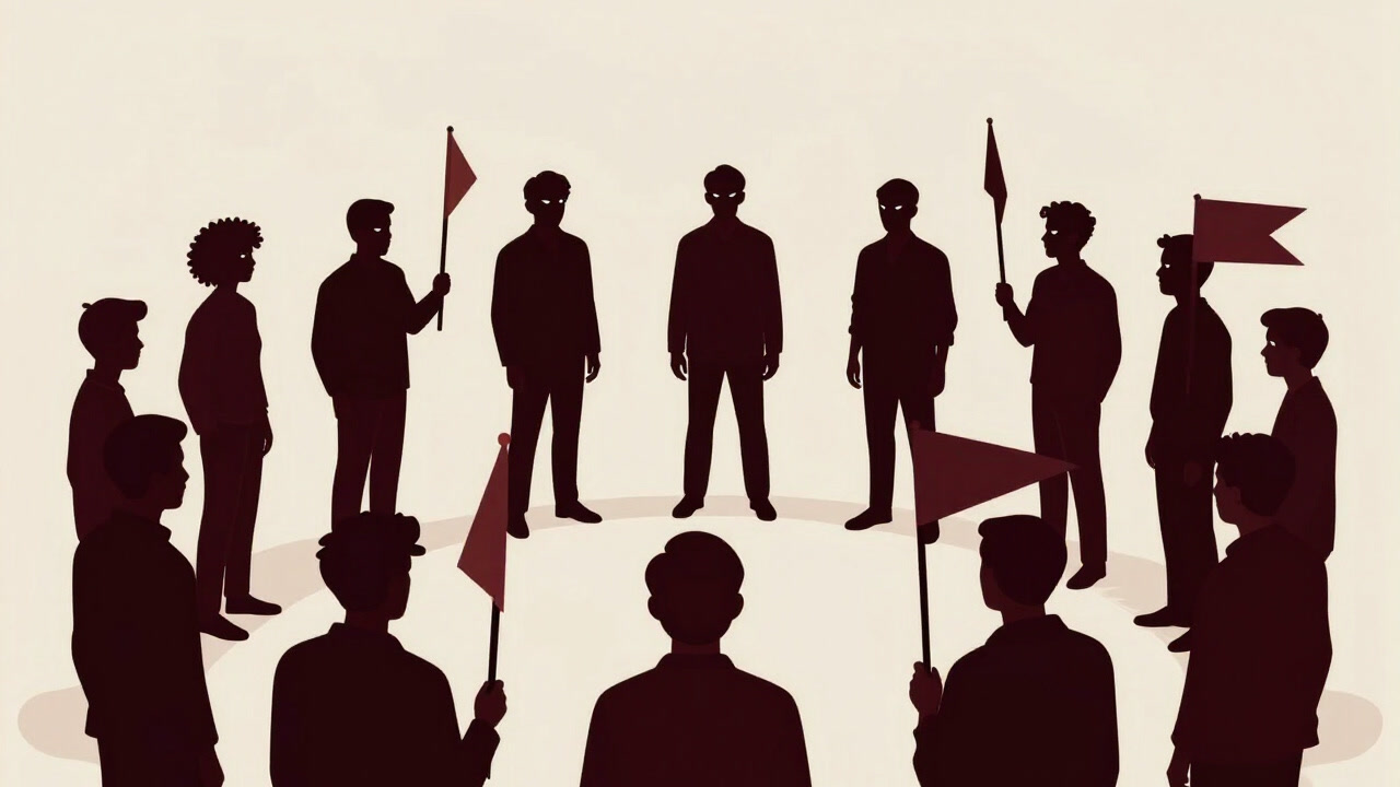 Illustration of silhouettes holding different flags in a circle glaring at each other.