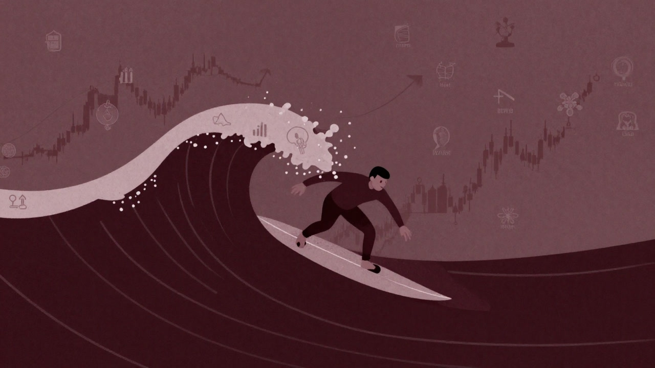 Silhouette of a surfer riding waves of stock charts, using icons of various sectors as the board.