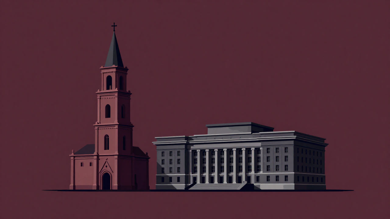 Illustration of an old church bell tower adjacent to a modern parliamentary building