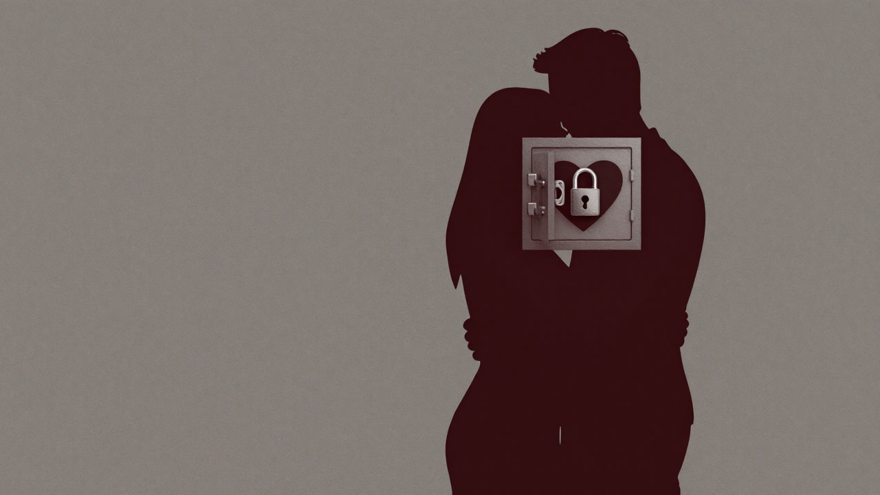 Silhouette of a person being hugged but their heart is locked in a safe.