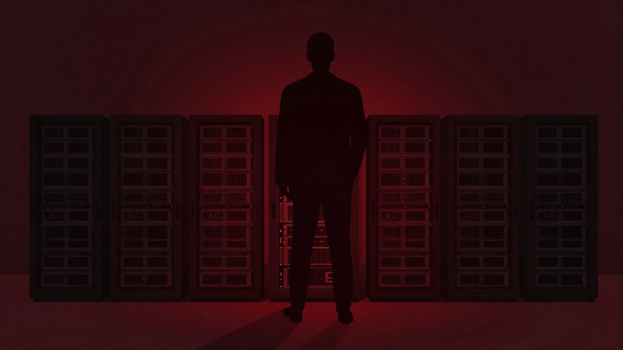 暗いサーバールームに監査人の影が長く伸びる様子