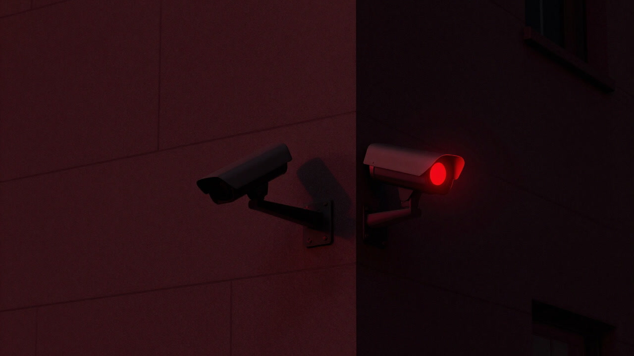 Silhouette of a security camera blinking a red light, silently watching citizens on a street corner at night
