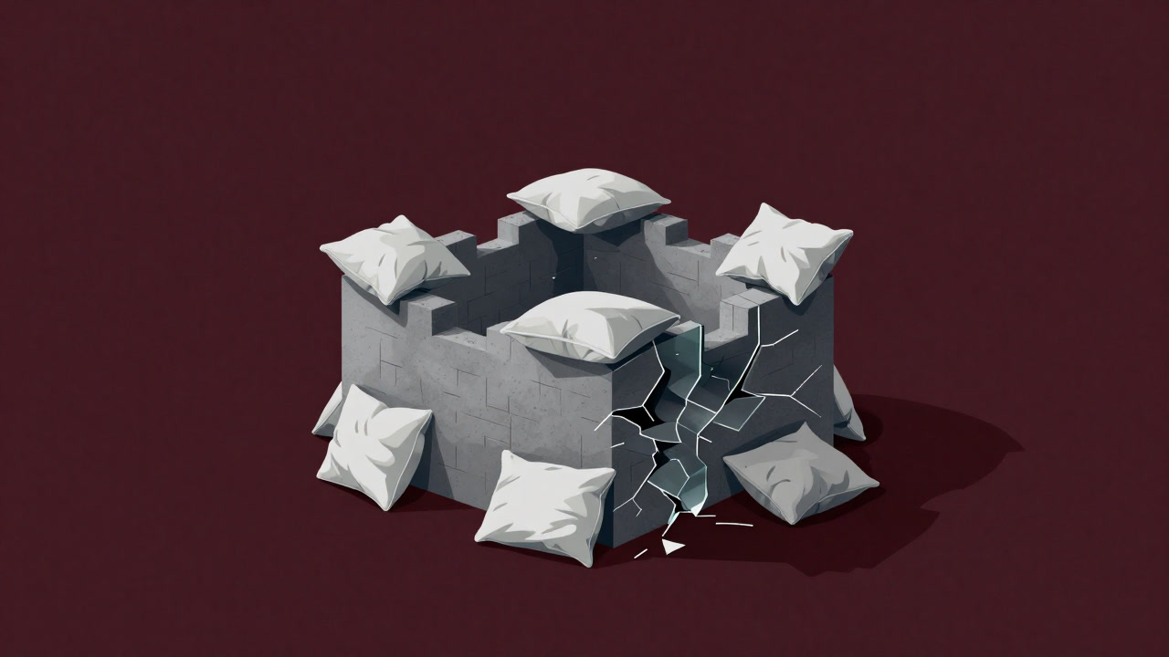 A model fortress made of pillows and glass, cracked and unstable, symbolizing a fragile sense of security