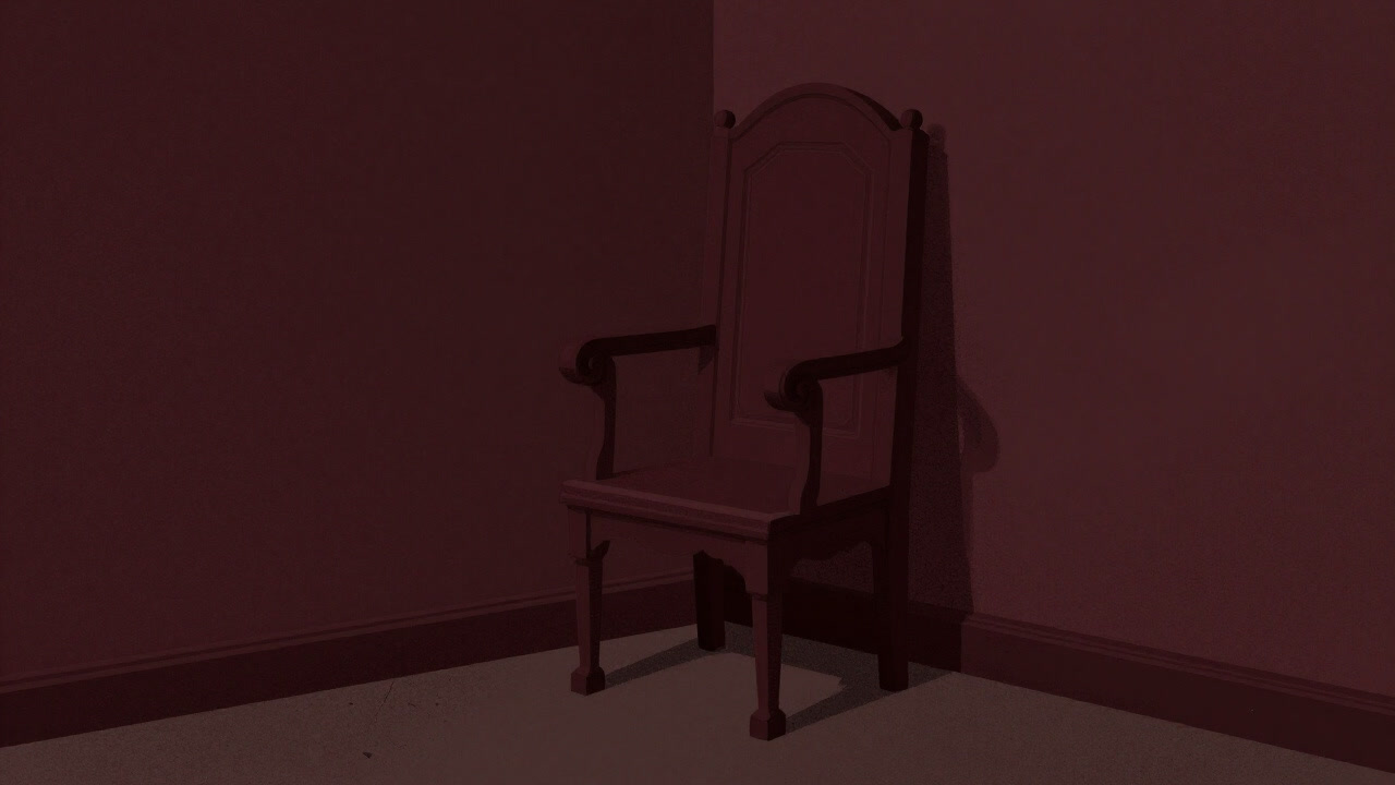 An ornate empty chair on a pulpit in a dim, dusty corner of a classroom