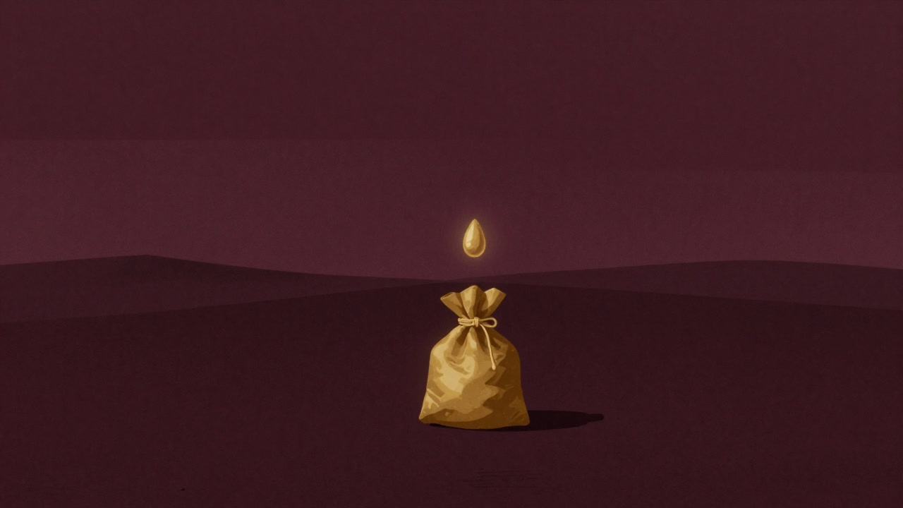 Illustration of a small golden pouch trembling like a droplet of water drying in the desert, carrying the heavy expectations of entrepreneurs