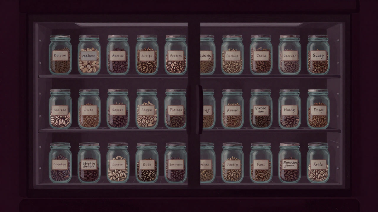 暗い冷蔵庫の棚で寒そうに並ぶ瓶詰めのタネたち