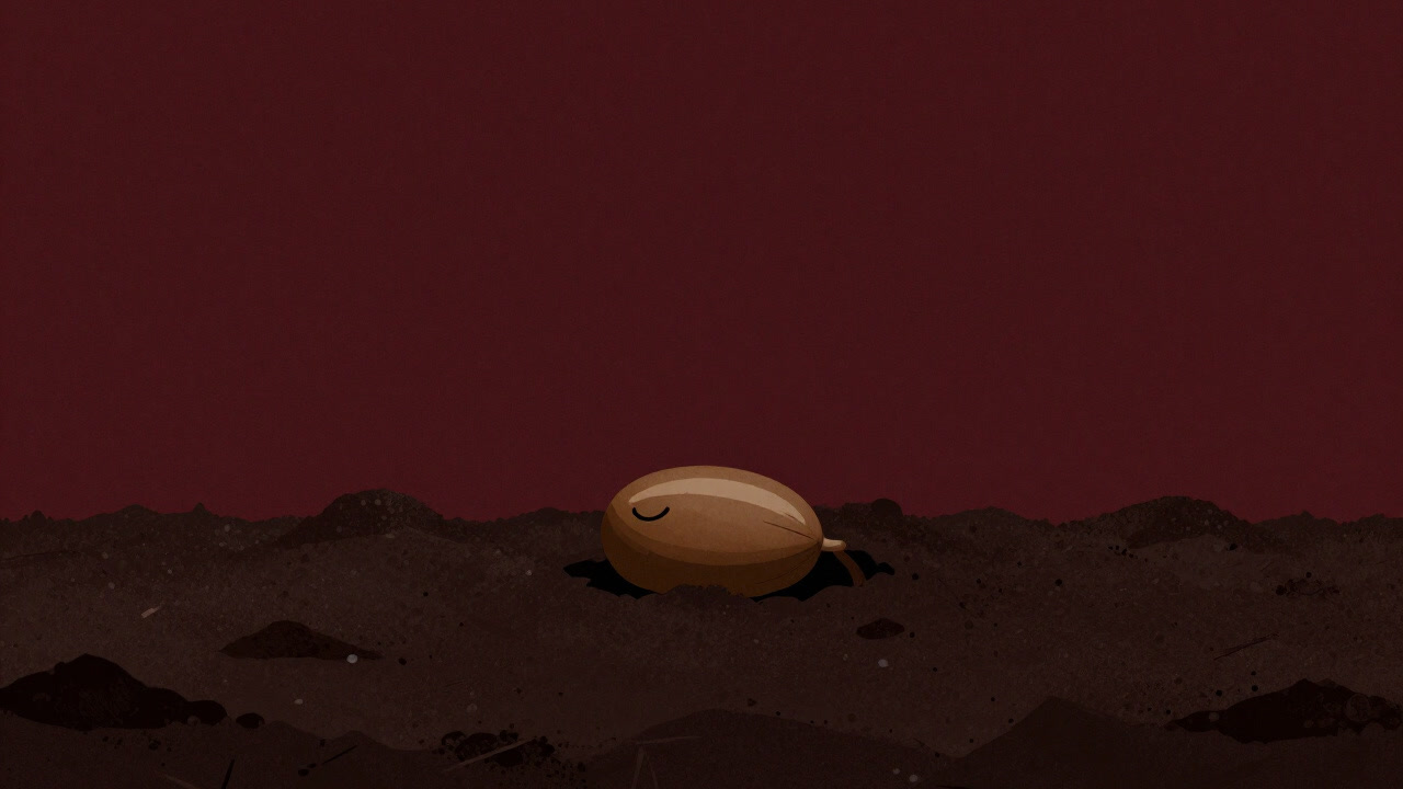 A small seed lying in dark soil, its shell holding its breath, waiting to erupt into life at any moment.