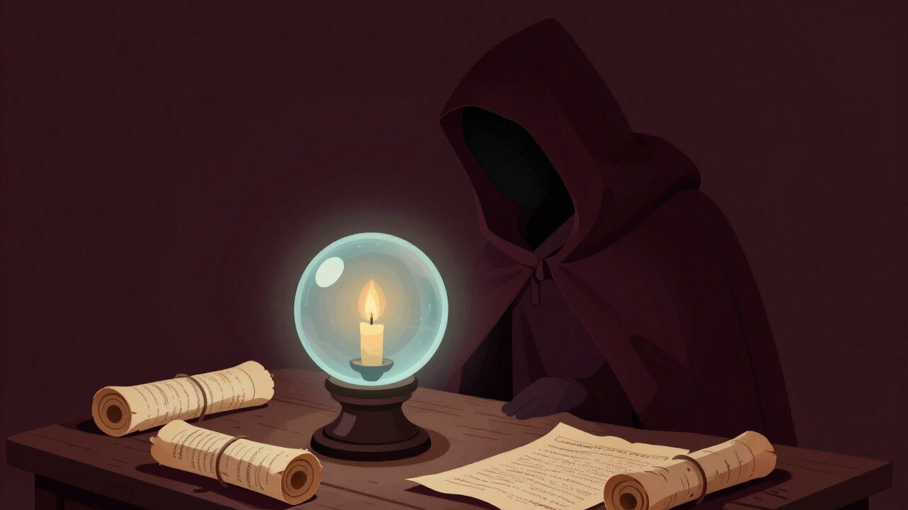 Silhouette of a seer in deep robes, gazing into a flickering candlelit crystal ball.
