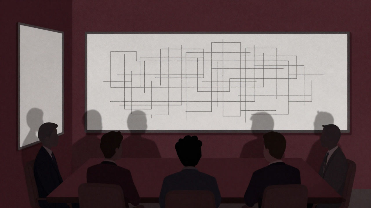 An illustration of a busy meeting room whiteboard covered in fine boundary lines, with the team's confused silhouettes in shadow.