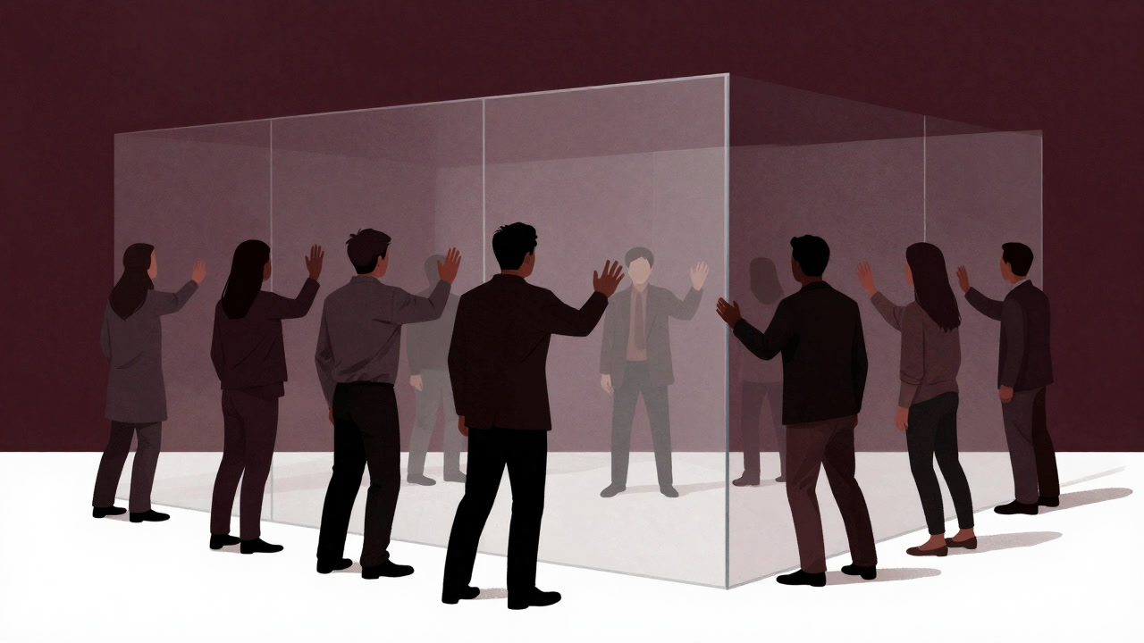 Illustration of people separated by a glass wall, reaching out but unable to touch, embodying a sense of solitary isolation.