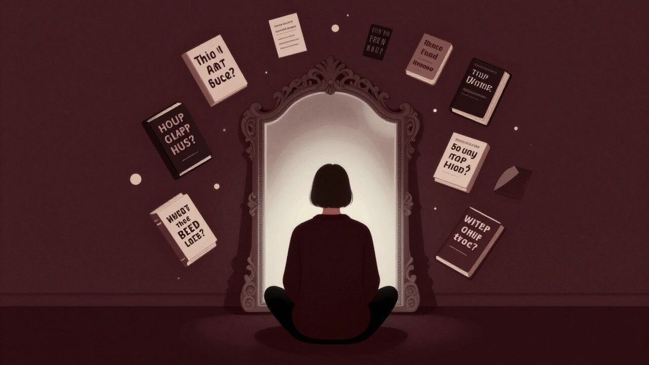 鏡の前で瞑想し、幻想的な光に包まれながら自己実現を追い求める人のイラスト