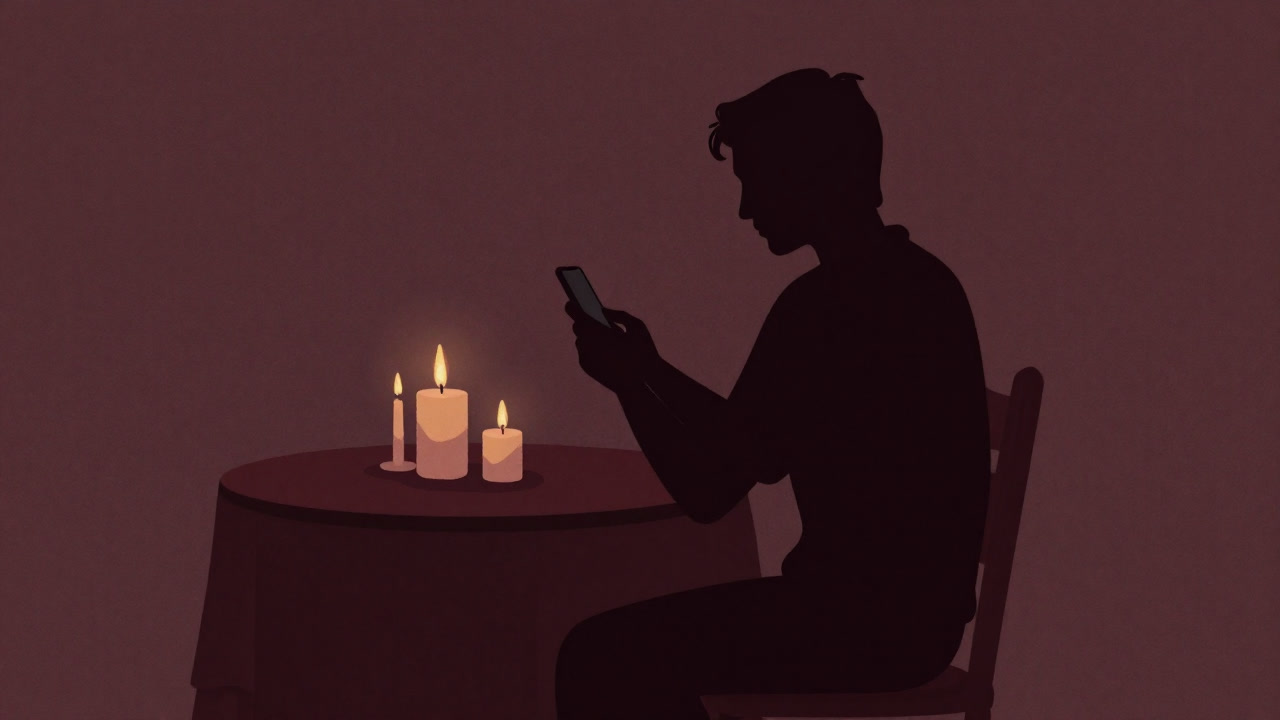 キャンドルとスマホを前に、自分を労わるふりをする人のシルエット