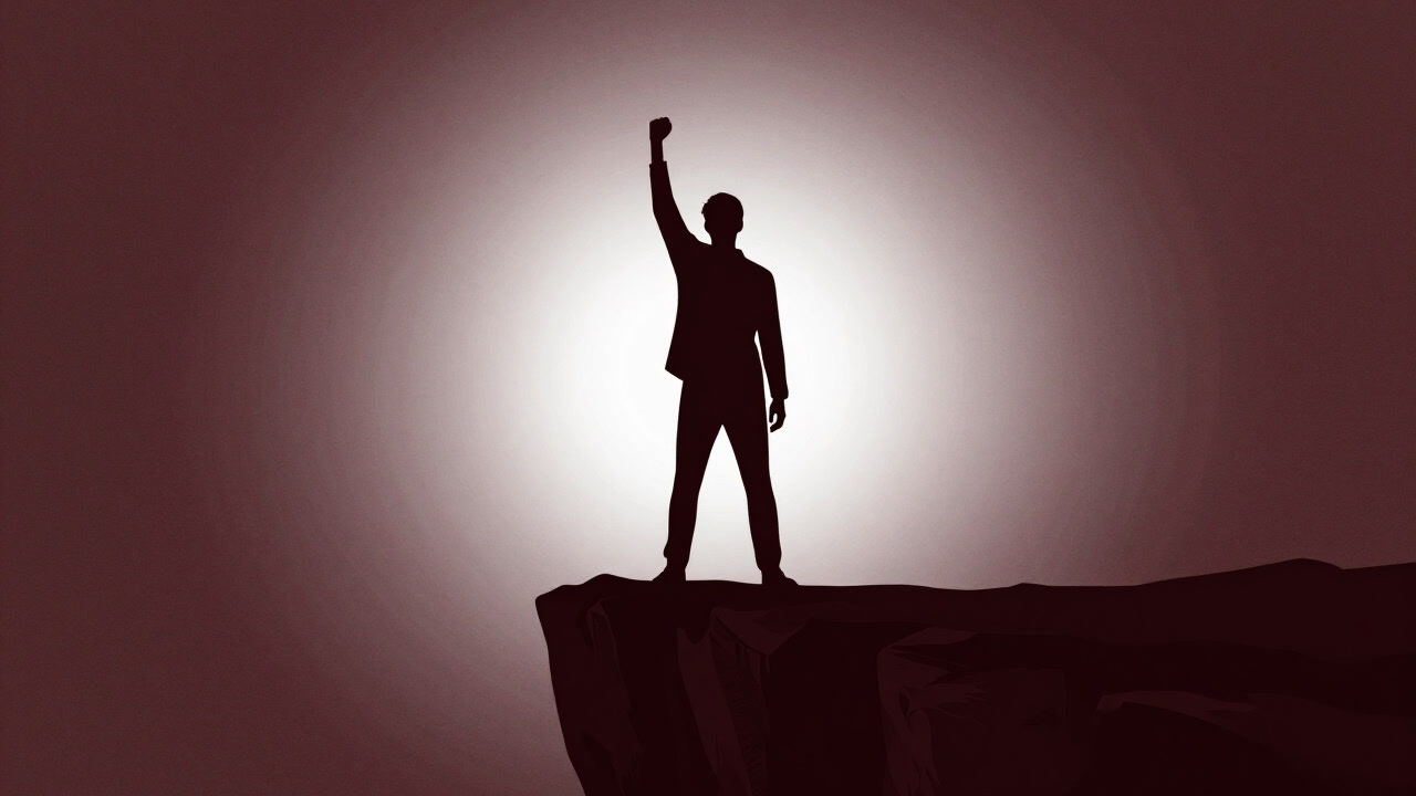 研ぎ澄まされた拳を空に突き上げ、自らの力を確信しているが、背後には崖がある人のシルエット
