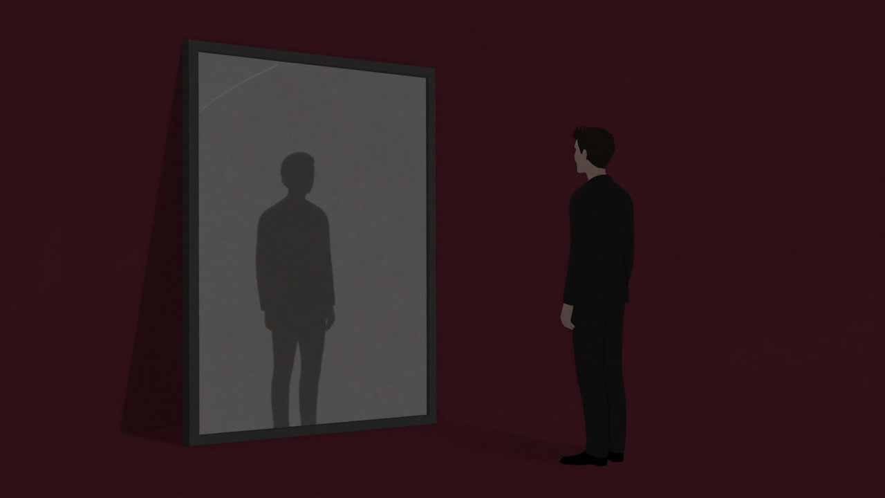 Silhouette of a person speaking to their own shadow in front of a mirror.