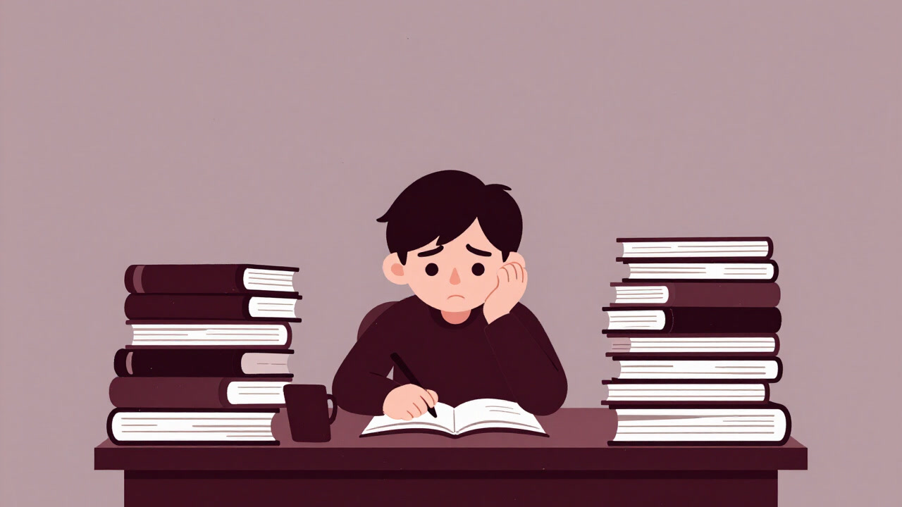 Illustration of a learner slumped over at a desk surrounded by piles of reference books and notebooks