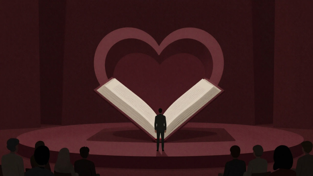 Illustration of a person on stage opening a book and revealing inner thoughts