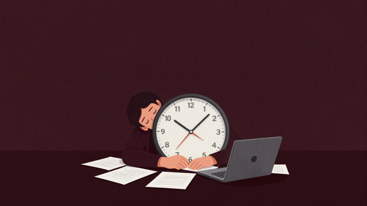 壊れた腕時計を持ち、終わりなき業務に追われる自営業者のイラスト