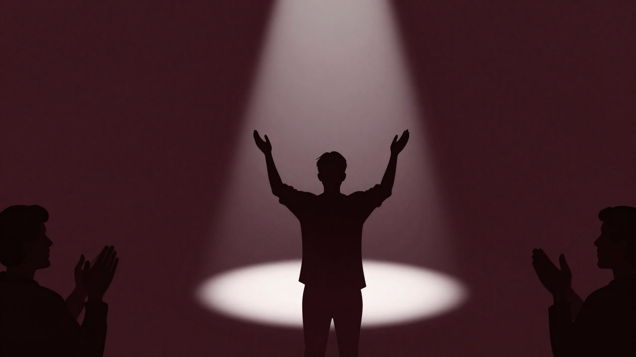 他人の拍手を求めて光る掌を差し出す人のシルエット