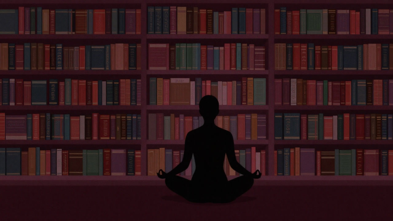 Silhouette of a person meditating in front of a bookshelf filled with self-help books