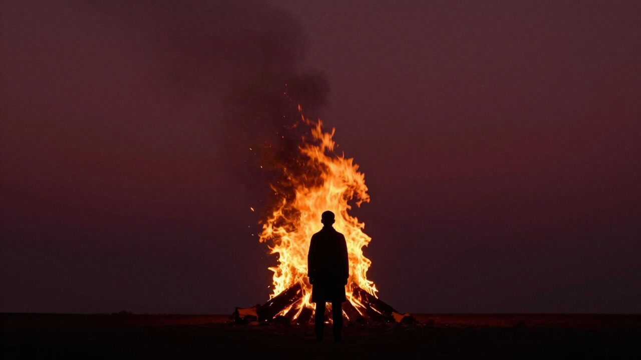 燃え盛る焚き火の前に立つ、無言の人物の影