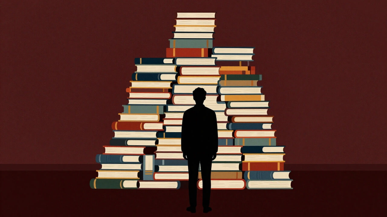 雑然と積まれた自己啓発本の塔の前で途方に暮れる人のシルエット
