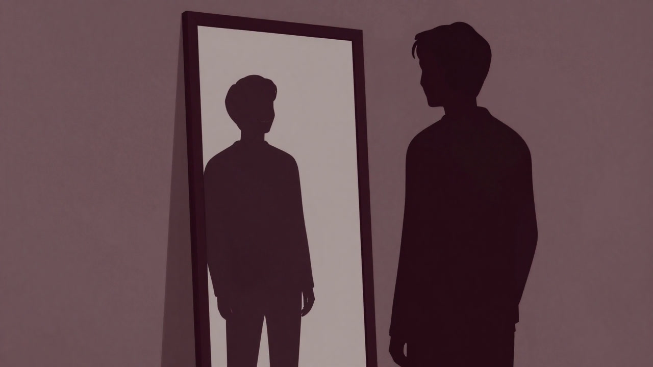 Silhouette of a person smiling at themselves in a mirror