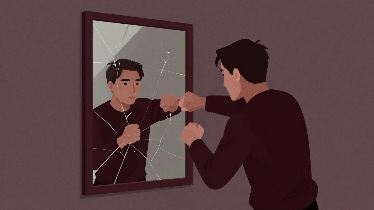 鏡の前で自ら拳で叩く人物のシルエット