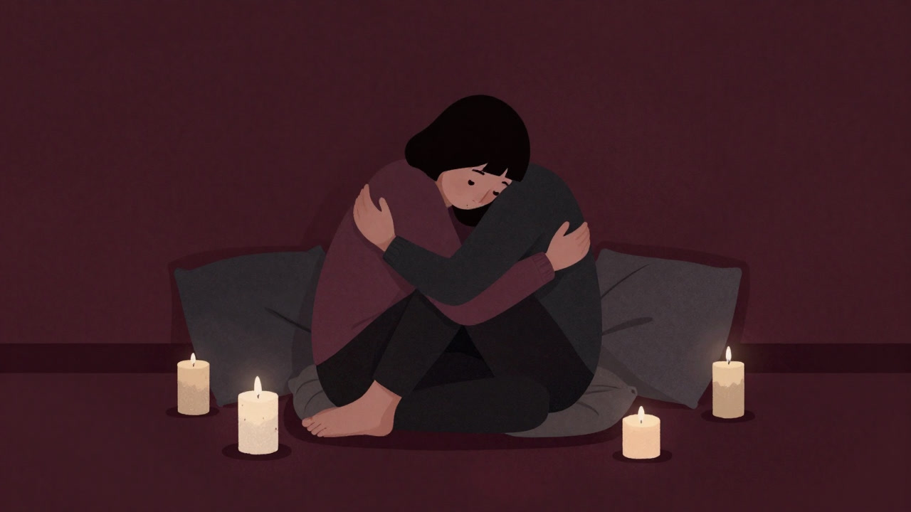 キャンドルやクッションに囲まれて自らを抱きしめる人物のイラスト