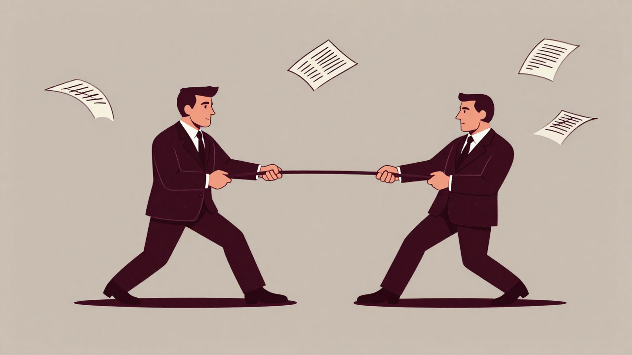 Illustration of a president and prime minister in a tug-of-war with pages of a constitution flying around.