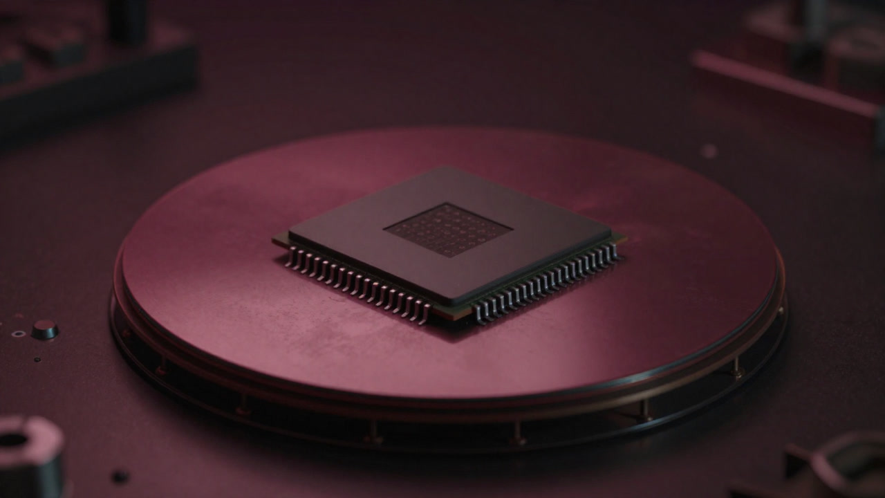 Macro shot of a semiconductor chip illuminated in a dark cleanroom environment