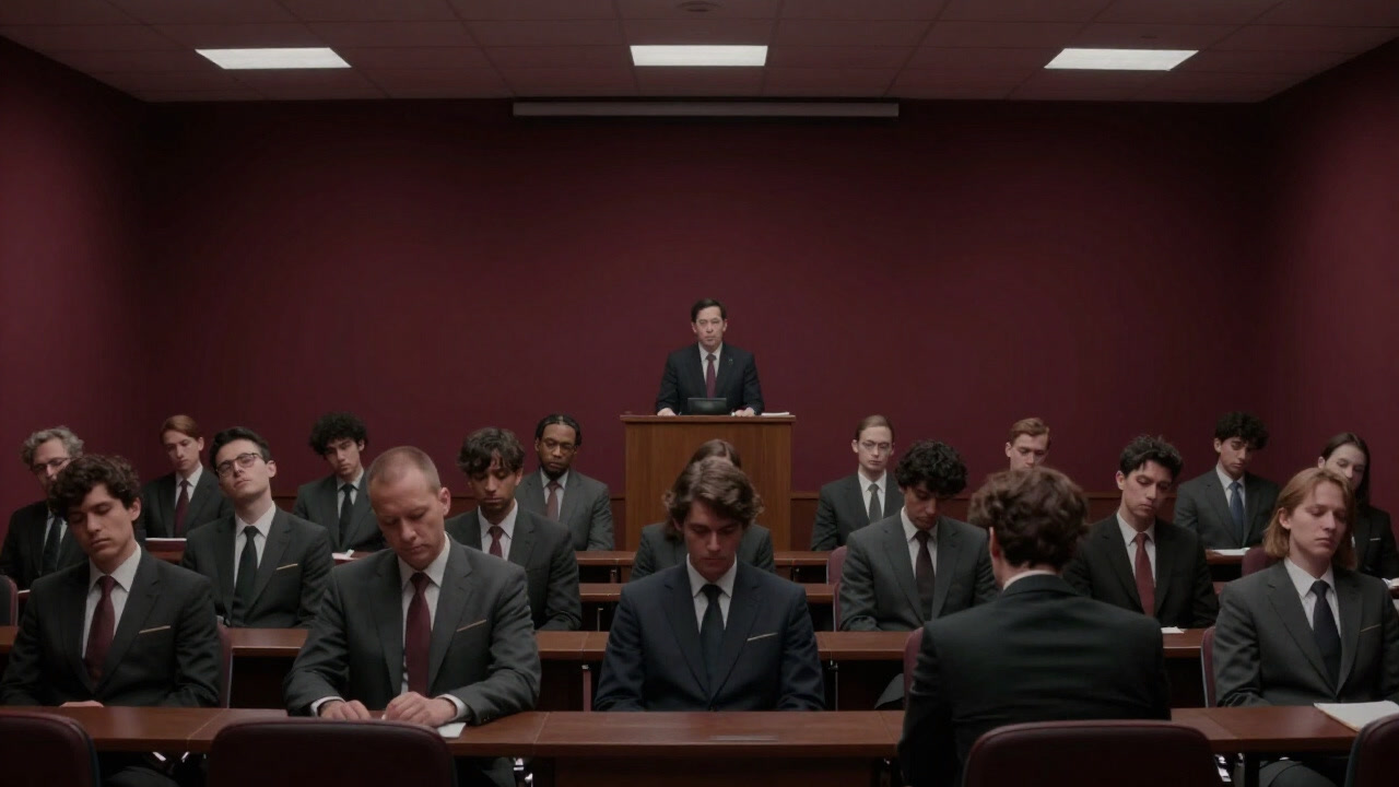 退屈なスーツ姿の参加者たちが講師の声に半分だけ耳を傾けるセミナー会場の様子