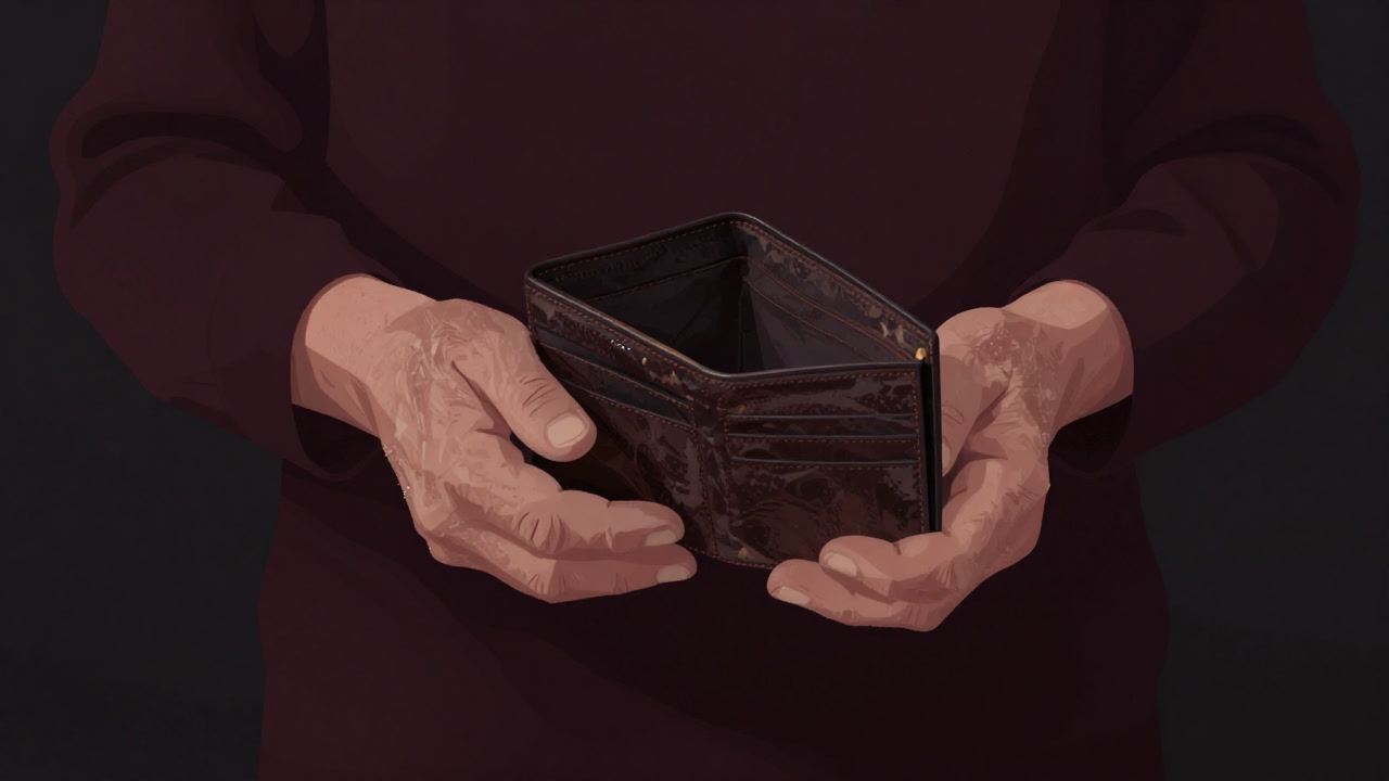 薄暗い高齢者の手が空っぽの財布を開く様子