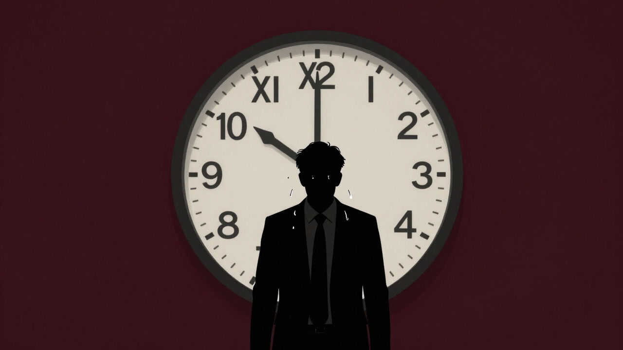 時計の前で汗をかきながら焦るビジネスマンの影