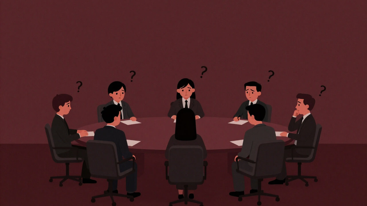 People in a meeting room with anxious expressions questioning the purpose of their gathering