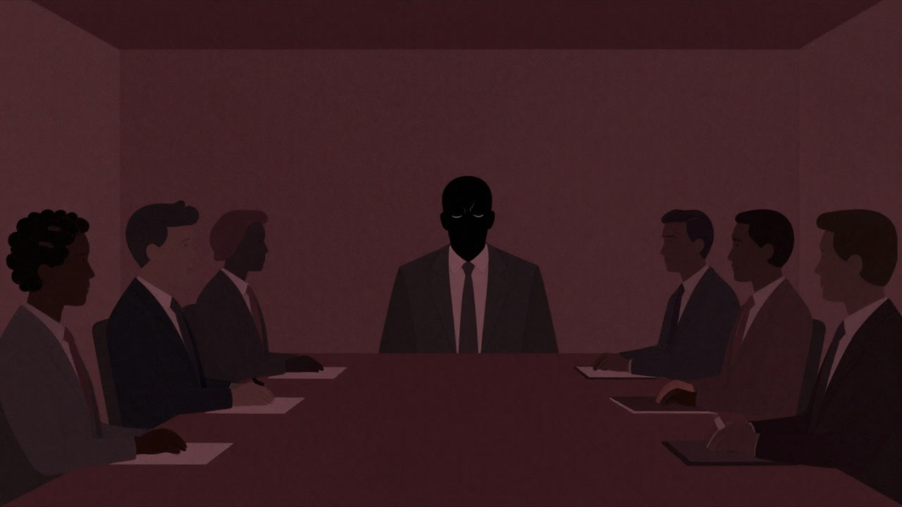 Silhouette of a business-suited figure frowning with furrowed brow under cold stares in a corporate meeting room.
