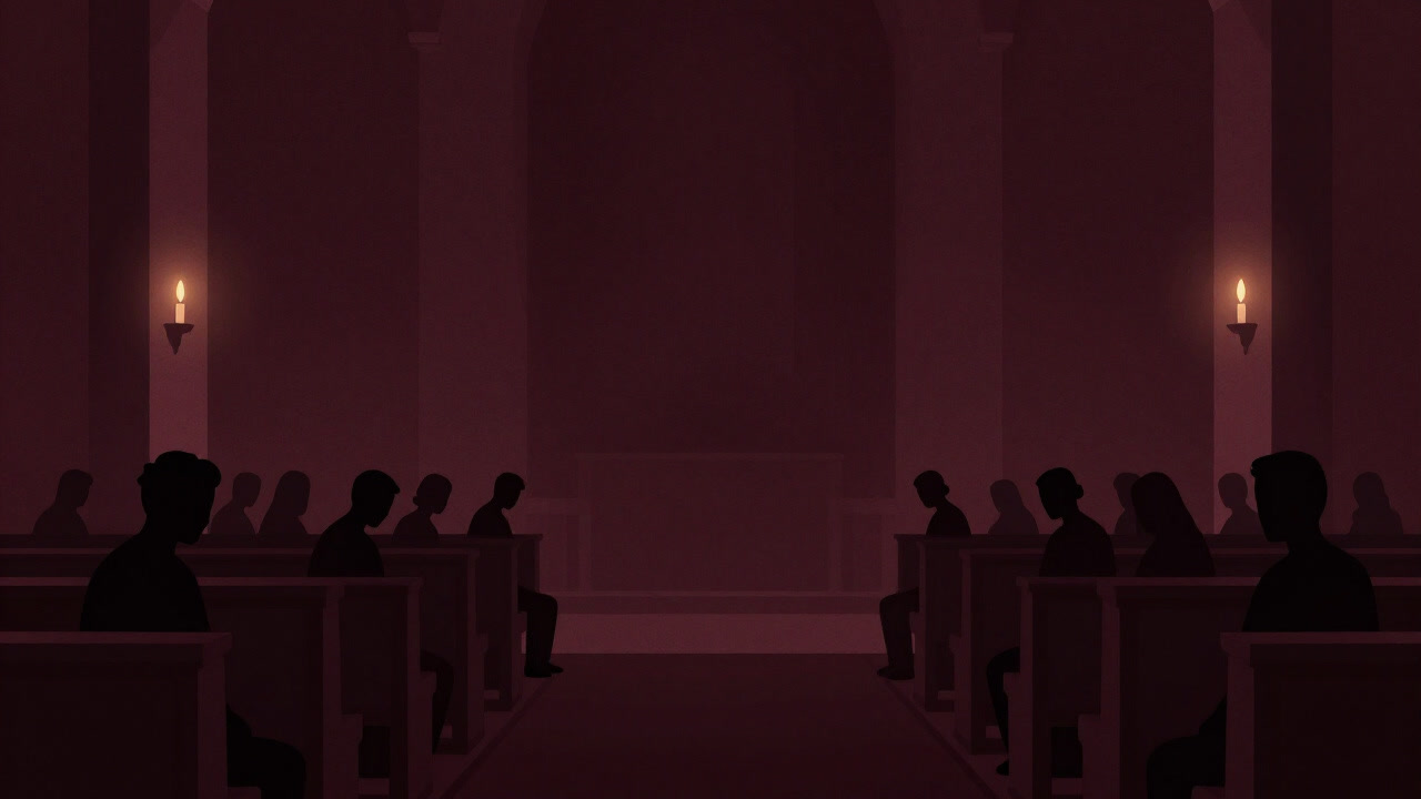 Silhouettes of worshippers with eyes closed, illuminated by candlelight in a church aisle