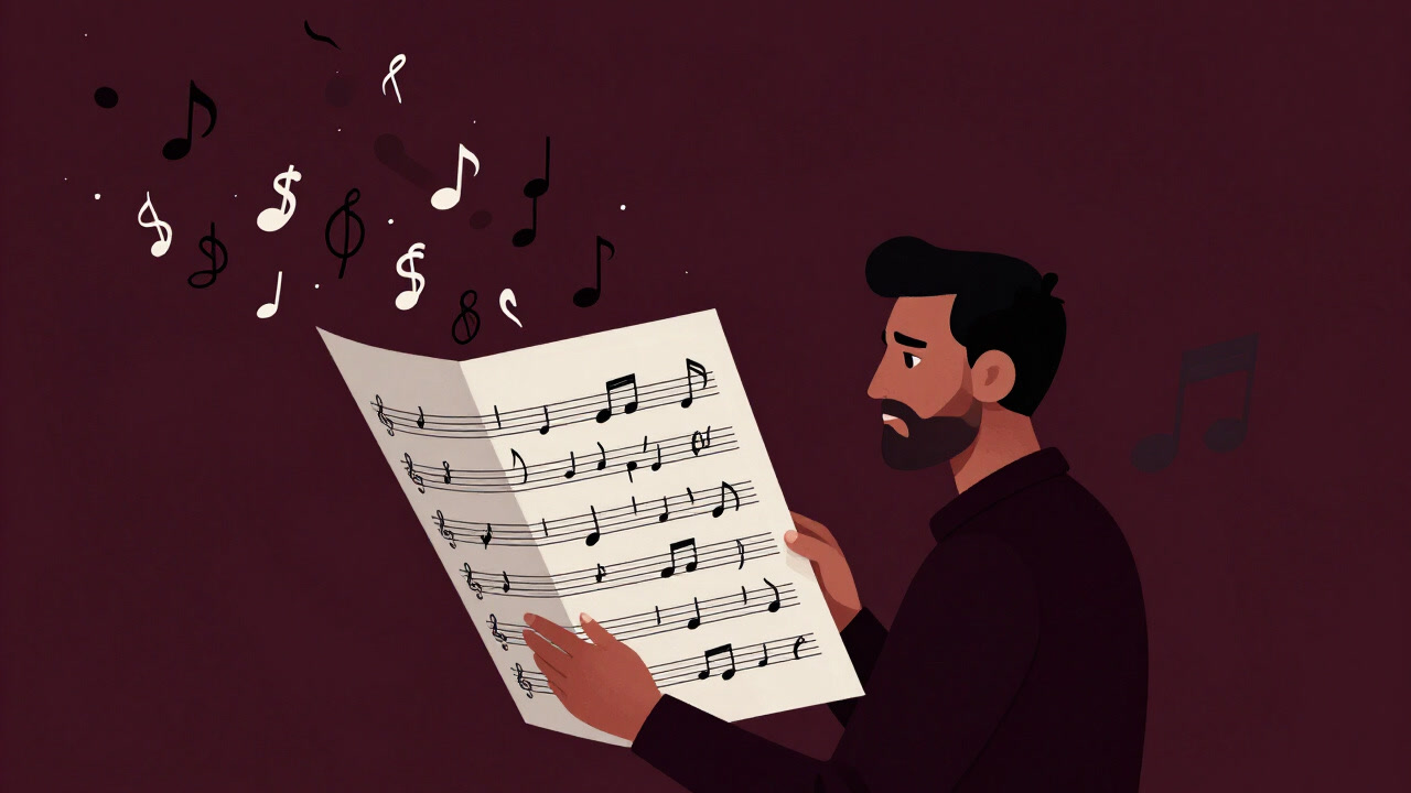 Numbers and notes drifting chaotically over a musical score as a composer stares in disbelief