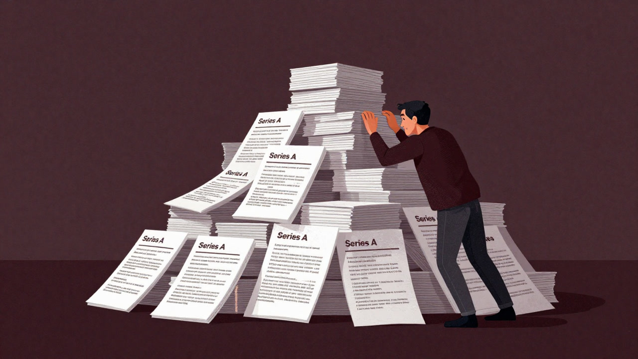 Illustration of a trembling startup founder facing a mountain of term sheets