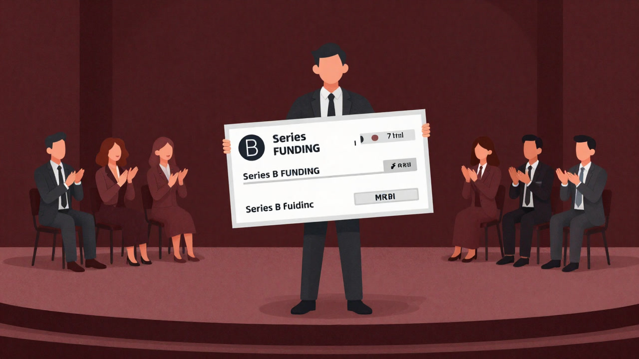 Silhouette of a startup founder on stage holding up a giant check labeled "Series B", with investors clapping in the background.