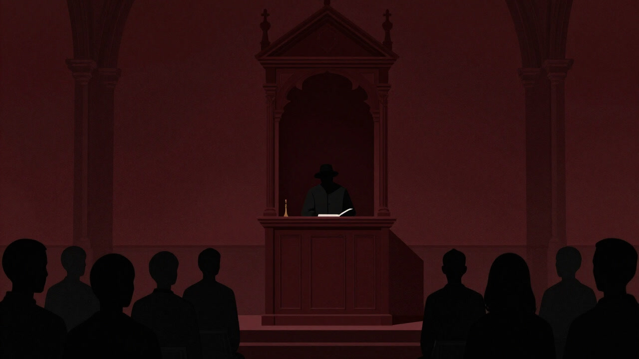 Silhouette of a preacher on a dark church pulpit, delivering a sermon to a packed audience